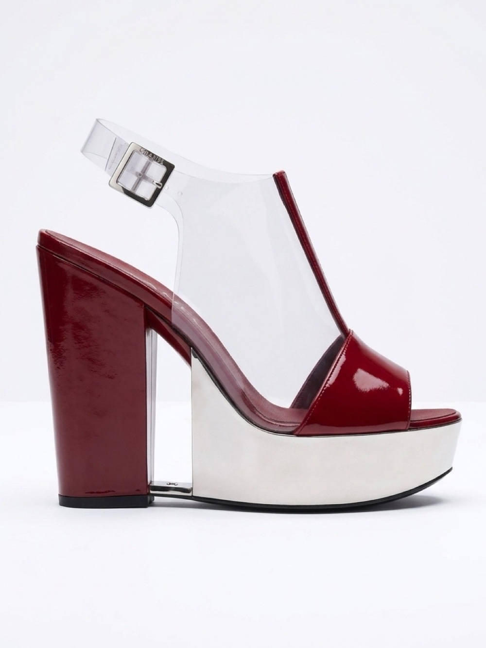 Chanel Spring ‘07 Patent &PVC Platform Wedge, Metallic Heel, Burgundy, 6.5, GUC
